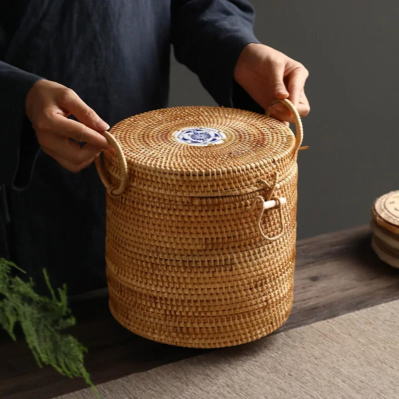 Food Snacks That Are Green - กล่องเก็บชาหวายสานมือพร้อมฝาปิด สีเขียว สำหรับจัดเก็บชาผู่เอ๋อร์ ขนม ภาชนะใส่อาหาร ชุดชงชาแบบกงฟู
